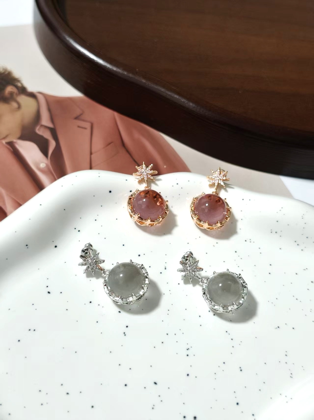 wsxc1789914751513_0 APM Monaco Pave Zircon Eight-Pointed Star Dangle Earrings, with Prong-Set Icy Round Bead Drop - Image 1