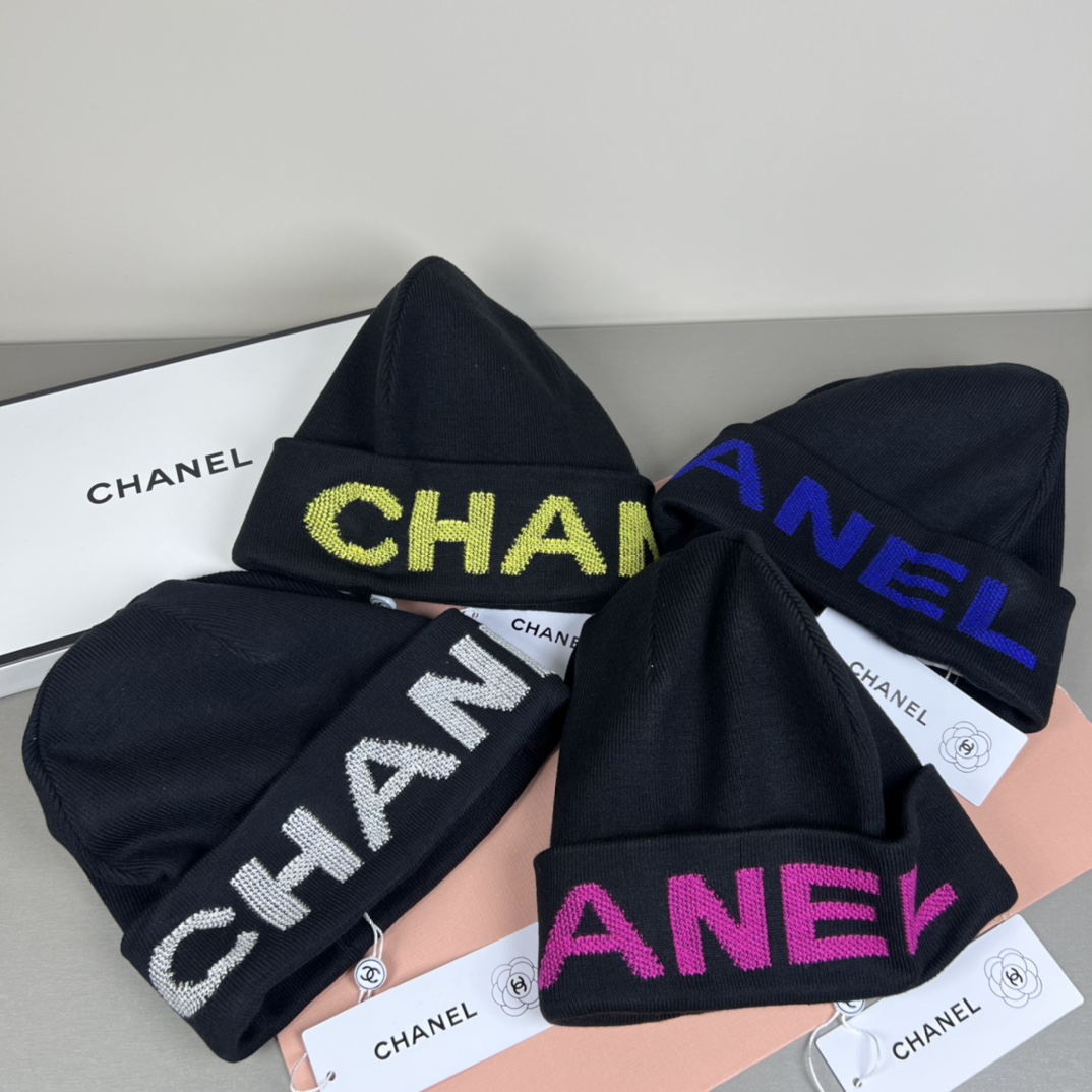 wsxc1790004825844_7 Chanel Black Knit Beanie with Bold Colorblock Letter Jacquard – Unisex - Image 1