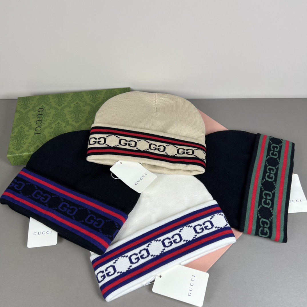 wsxc1790070331036_8 Gucci Wool-Cashmere Blend Double-Layer Knit Beanie with GG Jacquard & Web Stripe Detail - Image 1