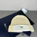 Prada Saffiano Patch Triangle Logo Ribbed Knit Beanie, Wool Blend Winter Warm Hat, Unisex - Image 13
