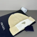 Prada Saffiano Patch Triangle Logo Ribbed Knit Beanie, Wool Blend Winter Warm Hat, Unisex - Image 12