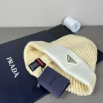 Prada Saffiano Patch Triangle Logo Ribbed Knit Beanie, Wool Blend Winter Warm Hat, Unisex - Image 11