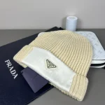 Prada Saffiano Patch Triangle Logo Ribbed Knit Beanie, Wool Blend Winter Warm Hat, Unisex - Image 10