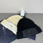 Prada Saffiano Patch Triangle Logo Ribbed Knit Beanie, Wool Blend Winter Warm Hat, Unisex
