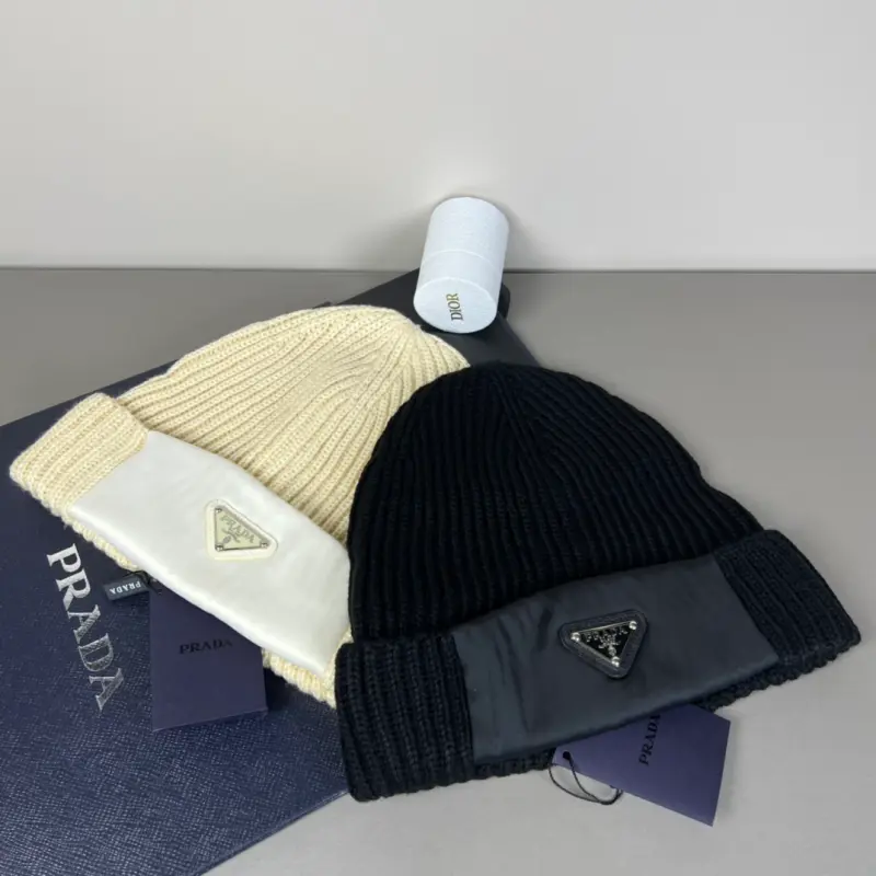 wsxc1790261332121_6 Prada Saffiano Patch Triangle Logo Ribbed Knit Beanie, Wool Blend Winter Warm Hat, Unisex - Image 1