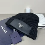Prada Saffiano Patch Triangle Logo Ribbed Knit Beanie, Wool Blend Winter Warm Hat, Unisex - Image 5