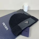 Prada Saffiano Patch Triangle Logo Ribbed Knit Beanie, Wool Blend Winter Warm Hat, Unisex - Image 4