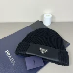 Prada Saffiano Patch Triangle Logo Ribbed Knit Beanie, Wool Blend Winter Warm Hat, Unisex - Image 3