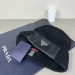 Prada Saffiano Patch Triangle Logo Ribbed Knit Beanie, Wool Blend Winter Warm Hat, Unisex - Image 2