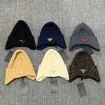 Prada Enamel Metal Triangle Logo Ribbed Knit Beanie with Ear Flaps, 70% Wool Winter Warm Hat, Unisex - Image 2