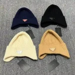 Prada Enamel Metal Triangle Logo Ribbed Knit Beanie with Ear Flaps, 70% Wool Winter Warm Hat, Unisex - Image 13