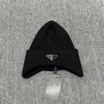Prada Enamel Metal Triangle Logo Ribbed Knit Beanie with Ear Flaps, 70% Wool Winter Warm Hat, Unisex - Image 11