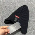 Prada Enamel Metal Triangle Logo Ribbed Knit Beanie with Ear Flaps, 70% Wool Winter Warm Hat, Unisex - Image 9