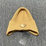 Prada Enamel Metal Triangle Logo Ribbed Knit Beanie with Ear Flaps, 70% Wool Winter Warm Hat, Unisex - Image 8