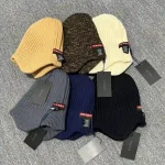 Prada Enamel Metal Triangle Logo Ribbed Knit Beanie with Ear Flaps, 70% Wool Winter Warm Hat, Unisex