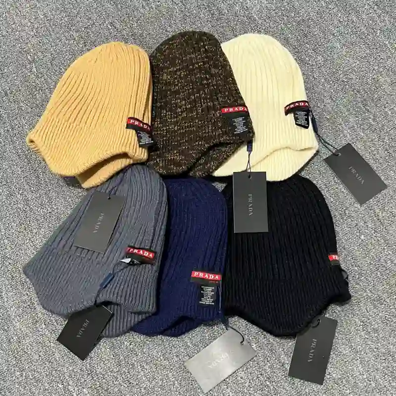 wsxc1790262217344_15 Prada Enamel Metal Triangle Logo Ribbed Knit Beanie with Ear Flaps, 70% Wool Winter Warm Hat, Unisex - Image 1