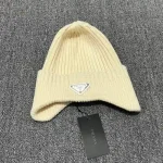 Prada Enamel Metal Triangle Logo Ribbed Knit Beanie with Ear Flaps, 70% Wool Winter Warm Hat, Unisex - Image 3