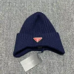 Prada Enamel Metal Triangle Logo Ribbed Knit Beanie with Ear Flaps, 70% Wool Winter Warm Hat, Unisex - Image 14