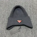 Prada Enamel Metal Triangle Logo Ribbed Knit Beanie with Ear Flaps, 70% Wool Winter Warm Hat, Unisex - Image 15