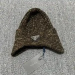 Prada Enamel Metal Triangle Logo Ribbed Knit Beanie with Ear Flaps, 70% Wool Winter Warm Hat, Unisex - Image 16