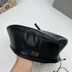 Dior Black Leather Beret with Gold tone DIOR Metal Logo, Vintage Painter Cap, Unisex Autumn/Winter Fashion Hat Accessory