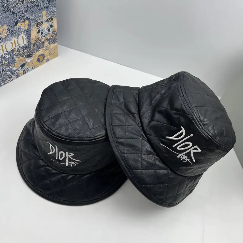 wsxc1790423961782_1 Dior Black Quilted Leather Bucket Hat/Beret with Signature Embroidered Logo, Unisex Autumn/Winter Fashion Hat Accessory - Image 1