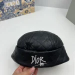 Dior Black Quilted Leather Bucket Hat/Beret with Signature Embroidered Logo, Unisex Autumn/Winter Fashion Hat Accessory - Image 5