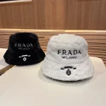 Prada Faux Fur Bucket Hat with Embroidered "PRADA MILANO" Logo, Unisex Autumn/Winter Warm Fashion