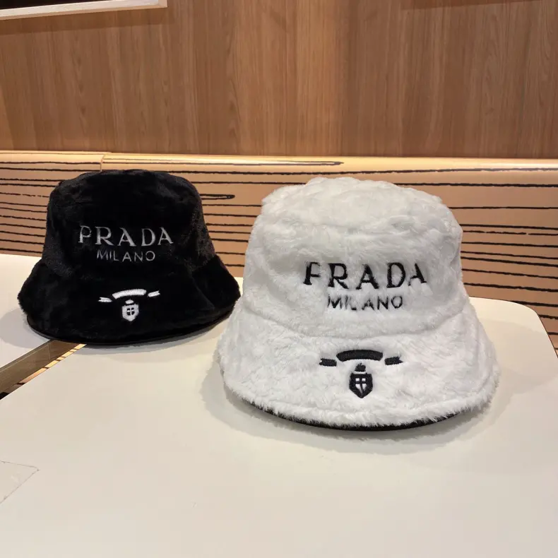 wsxc1790431599522_0 Prada Faux Fur Bucket Hat with Embroidered "PRADA MILANO" Logo, Unisex Autumn/Winter Warm Fashion - Image 1