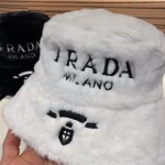 Prada Faux Fur Bucket Hat with Embroidered "PRADA MILANO" Logo, Unisex Autumn/Winter Warm Fashion - Image 3