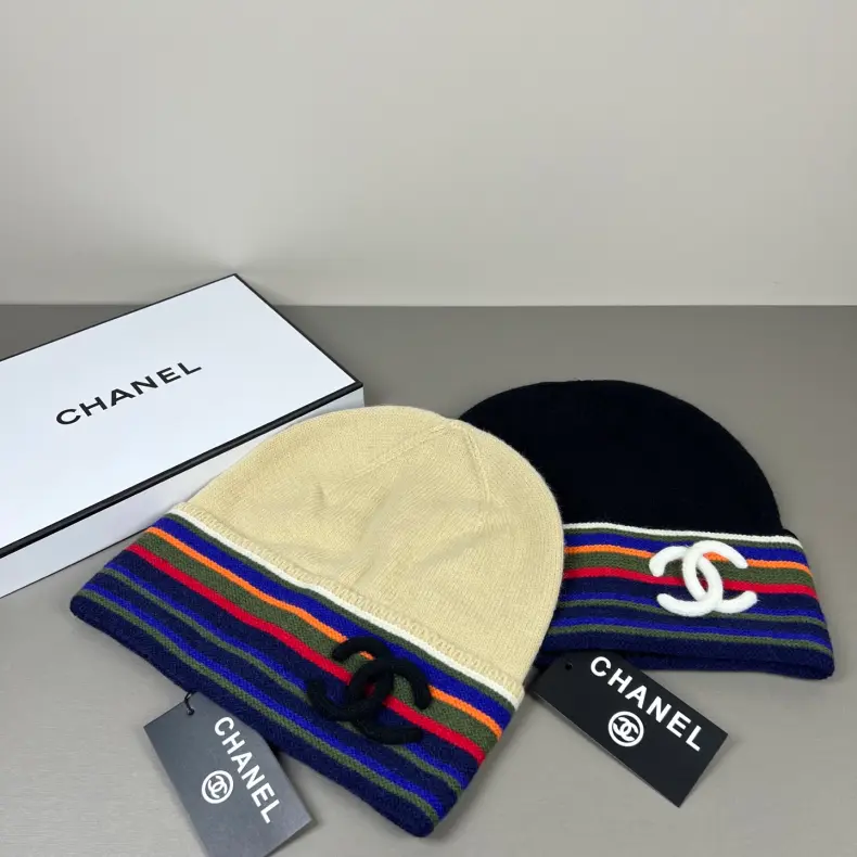 wsxc1790434059896_6 Chanel Iconic Rainbow Stripe Knit Beanie with 3D CC Logo, Wool Winter Hat, Unisex Autumn/Winter Fashion Accessory - Image 1