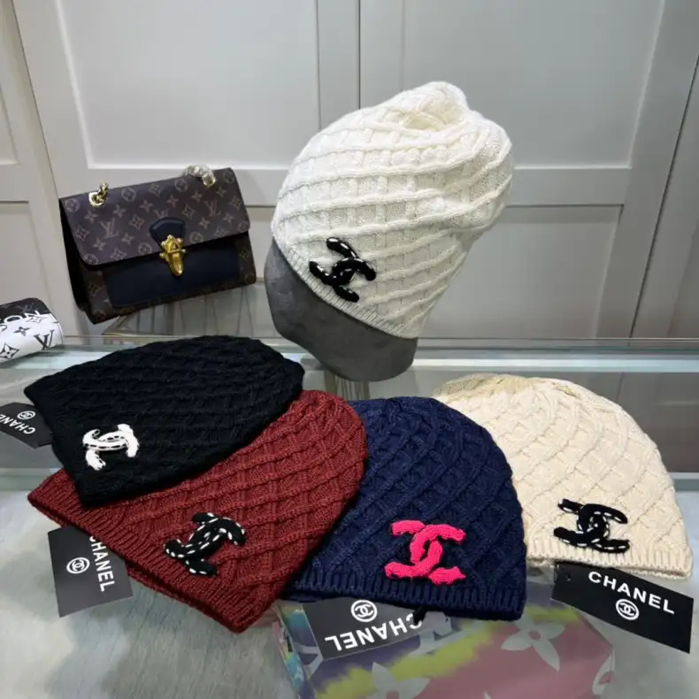 wsxc1790440624088_0 Chanel Knit Beanie:Diagonal diamond cable knit beanie. Color block thick yarn appliqué logo with flecked edge option. - Image 1