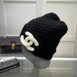 Chanel Knit Beanie:Pineapple stitch chunky knit beanie. 3D raised thick yarn appliqué logo. - Image 9