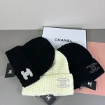 Chanel Knit Beanie:Chunky waffle honeycomb knit beanie. Hollow double stitched outline logo. - Image 5