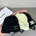 Chanel Knit Beanie:Chunky waffle honeycomb knit beanie. Hollow double stitched outline logo. - Image 6