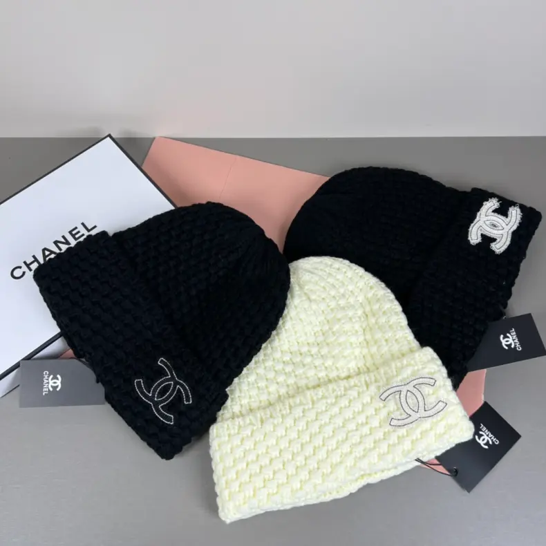 wsxc1790440741259_7 Chanel Knit Beanie:Chunky waffle honeycomb knit beanie. Hollow double stitched outline logo. - Image 1