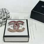 Chanel Double C Gradient Pink Crystal Brooch, Gold tone Metal Pin, Vintage Light Luxury - Image 3