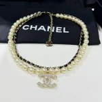 Chanel 25C Leather-Threaded Pearl Double Chain Necklace