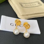 Gucci Style Interlocking G Faux Pearl Stud Earrings - Gold Tone Vintage Earrings