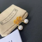 Gucci Style Interlocking G Faux Pearl Stud Earrings - Gold Tone Vintage Earrings - Image 2