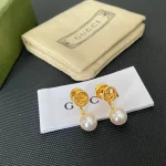 Gucci Style Interlocking G Faux Pearl Stud Earrings - Gold Tone Vintage Earrings - Image 5