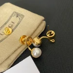 Gucci Style Interlocking G Faux Pearl Stud Earrings - Gold Tone Vintage Earrings - Image 4