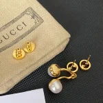 Gucci Style Interlocking G Faux Pearl Stud Earrings - Gold Tone Vintage Earrings - Image 3