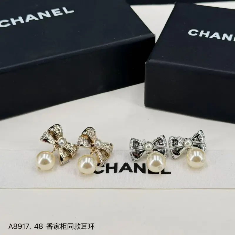 wsxc1790615403099_0 Chanel Bowknot Faux Pearl Earrings (Gold / Silver Tone) - Image 1