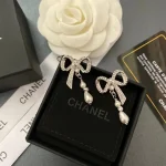 Chanel Sweet CC Logo CZ Bowknot Faux Pearl Drop Earrings-White Gold plated brass - Image 2