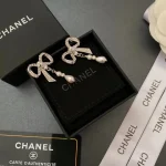 Chanel Sweet CC Logo CZ Bowknot Faux Pearl Drop Earrings-White Gold plated brass - Image 3