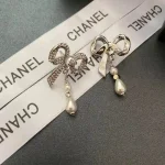 Chanel Sweet CC Logo CZ Bowknot Faux Pearl Drop Earrings-White Gold plated brass - Image 4