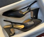 Chanel Black Square-Toe Slingback Block Heel Pumps with CC Logo Heel - Elegant Office Lady Shoes