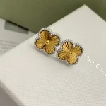 VCA Vintage Alhambra Guilloché Gold tone Stud Earrings-Gold Plated,Silver Tone Bead Border