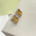 VCA Vintage Alhambra Guilloché Gold tone Stud Earrings-Gold Plated,Silver Tone Bead Border - Image 2